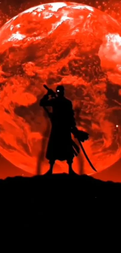 Silhouette of a samurai against a vivid red moon background.