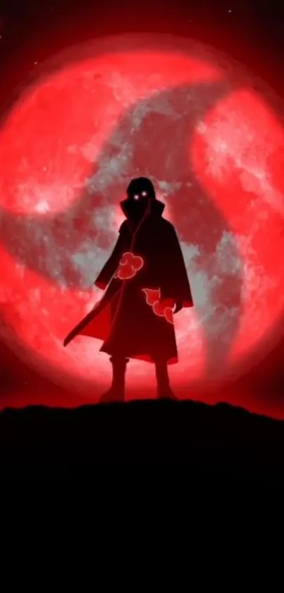 Silhouette of a figure against a large red moon in a night sky.