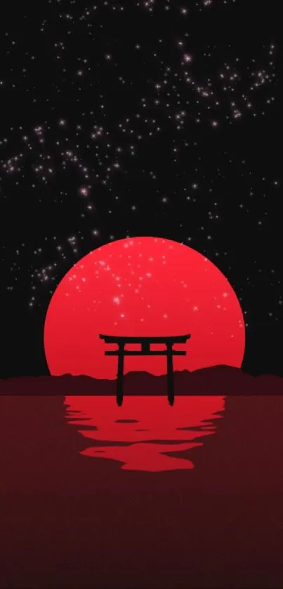 Silhouetted torii gate with red moon and stars.