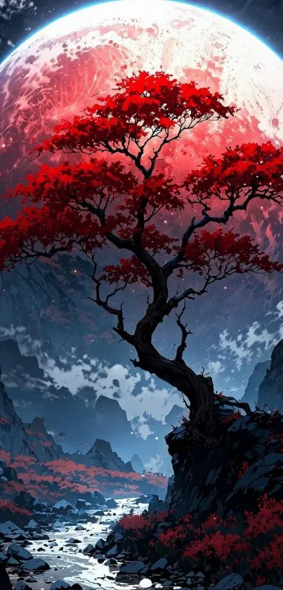 Dramatic landscape with a red tree under a luminous moon.