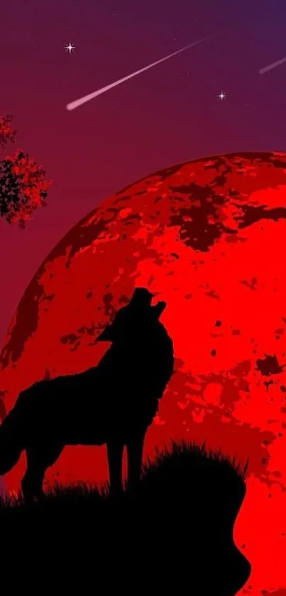 Silhouette of wolf howling at a red moon with stars in the night sky.