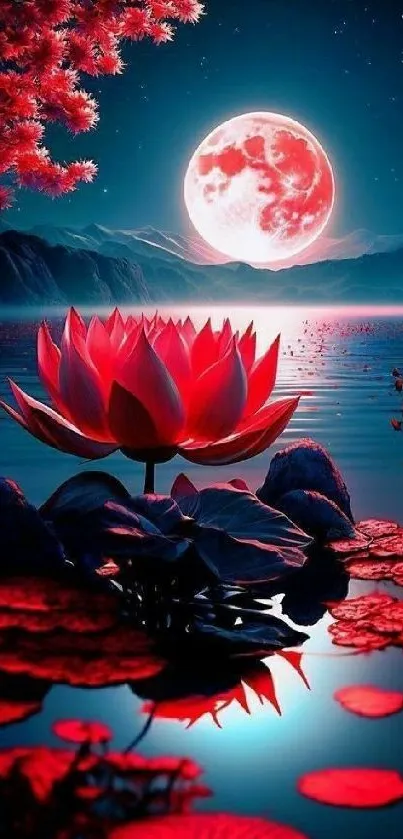 Red lotus under a moonlit sky with serene water reflections.