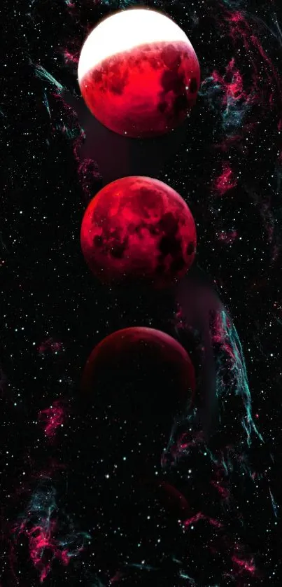 Red moons aligned vertically against a starry cosmic backdrop.