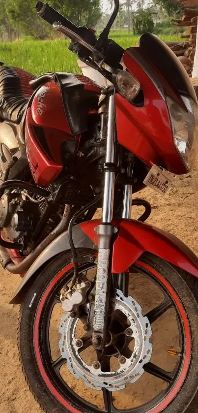 Red motorcycle parked in a rustic outdoor setting.