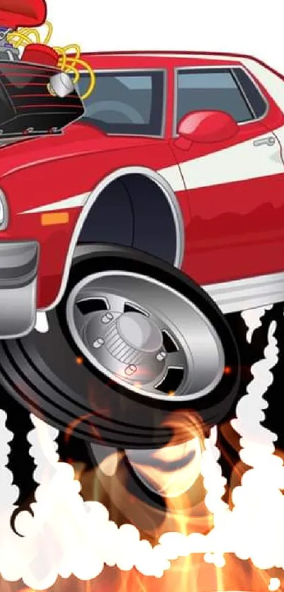 Cartoon muscle car with large engine and billowing tire smoke.