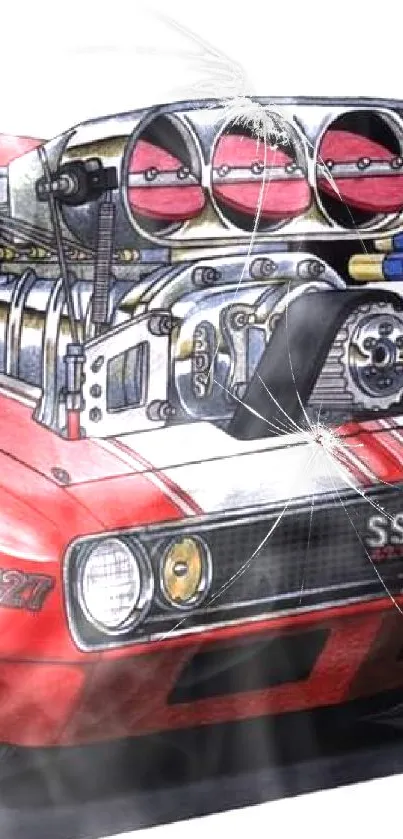 Illustration of a red muscle car with a powerful engine.