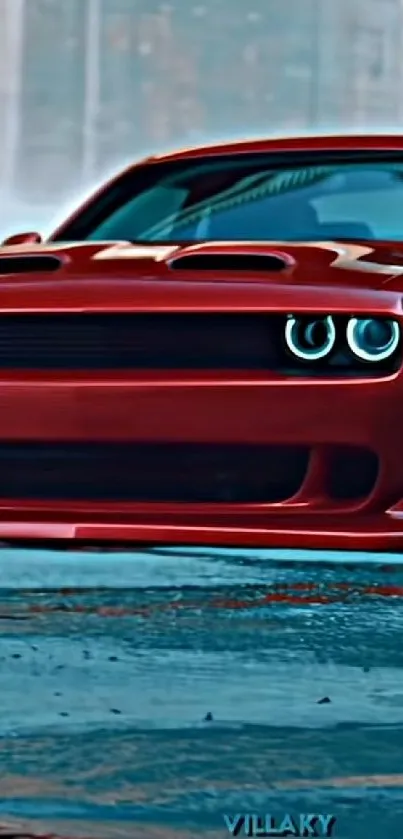 Red muscle car with glowing headlights on road.