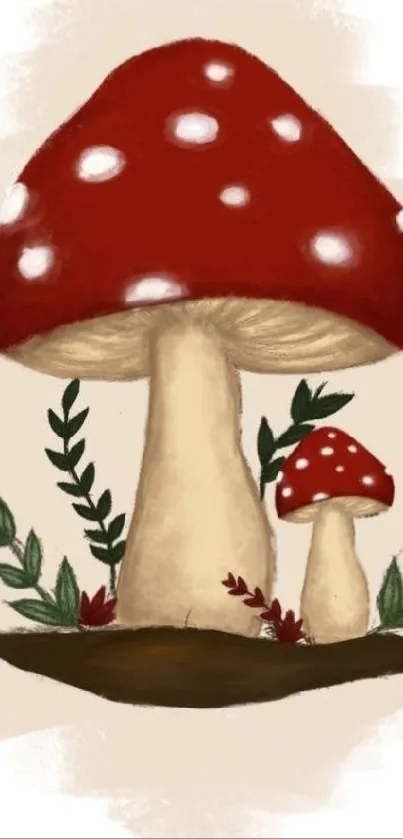 Illustration of red mushrooms with leaves and earthy tones.