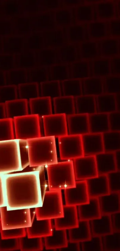 Red neon cubes create a glowing pattern on wallpaper.