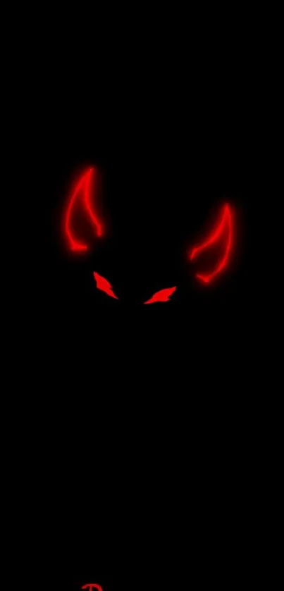 Neon devil eyes with horns in red glow against a dark background.