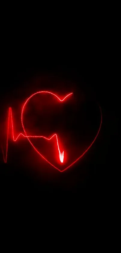 Red neon heart and heartbeat line on black background wallpaper.