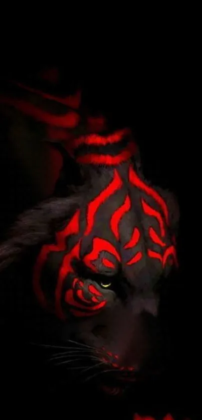 Red neon tiger glows against black background on mobile wallpaper.