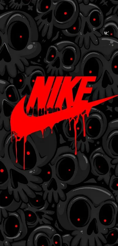 Nike logo with a dark skull pattern background in black and red colors.