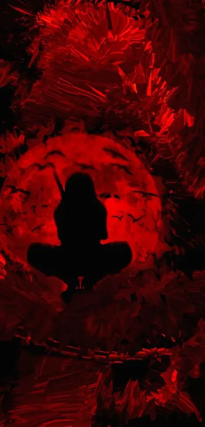 Red silhouette of a ninja against a fiery moon on dark background.