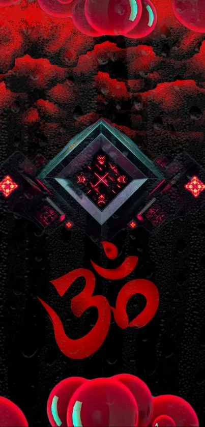 Red and black Om symbol wallpaper with abstract design.