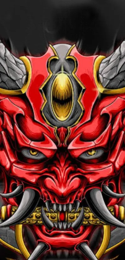 Red Oni mask with horns on a dark background mobile wallpaper.