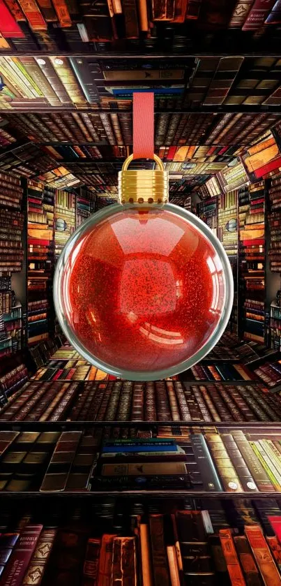 Red ornament in bookshelf vortex wallpaper.