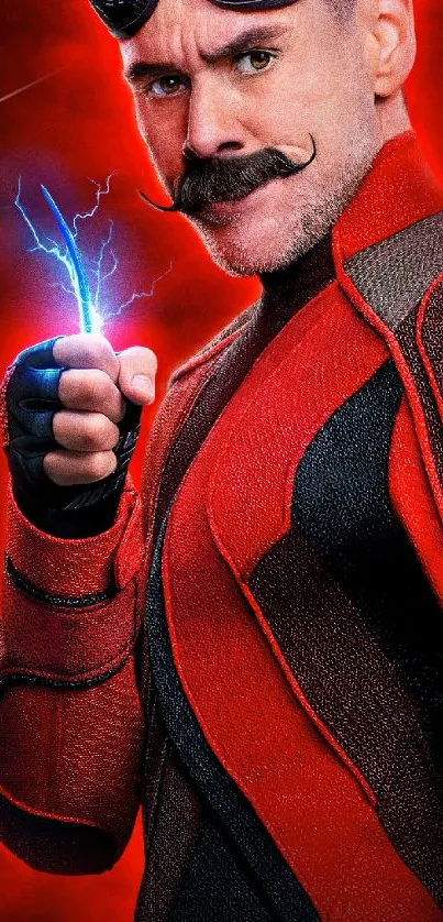 Hero in red suit with blue lightning.