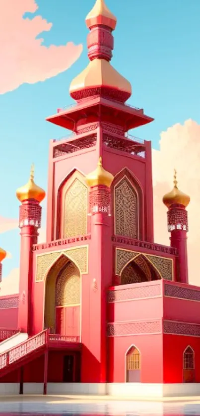 Red pagoda with golden domes reflecting on water.