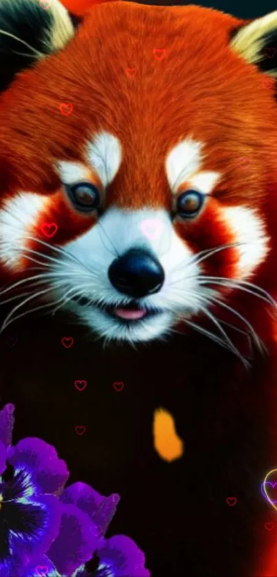 Charming red panda with purple flowers and heart motifs.