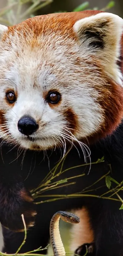 Red panda close-up with snake and green foliage background.