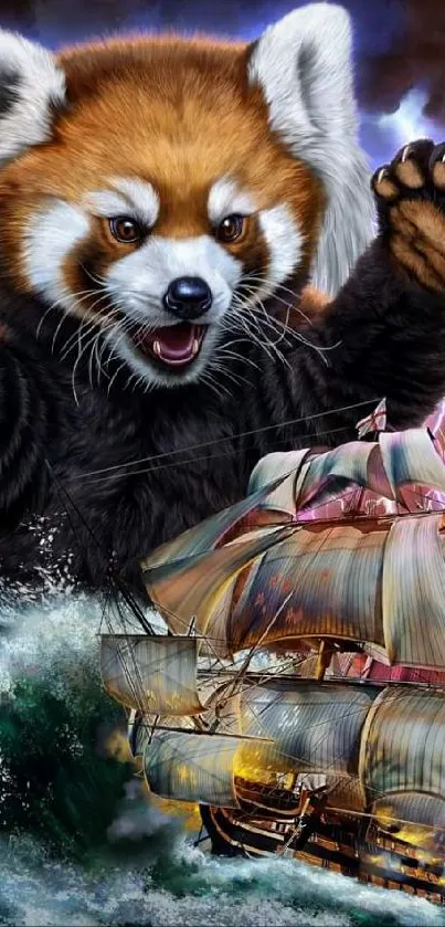 Artwork of a giant red panda looming over a stormy sea with a vintage ship.