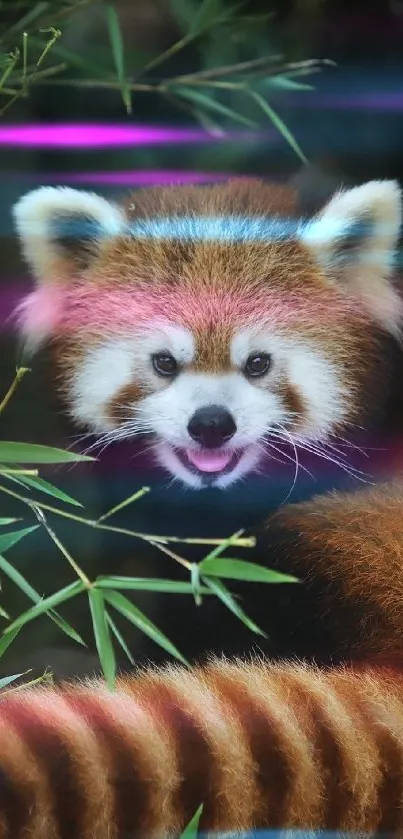 Red panda nestled among bamboo leaves.