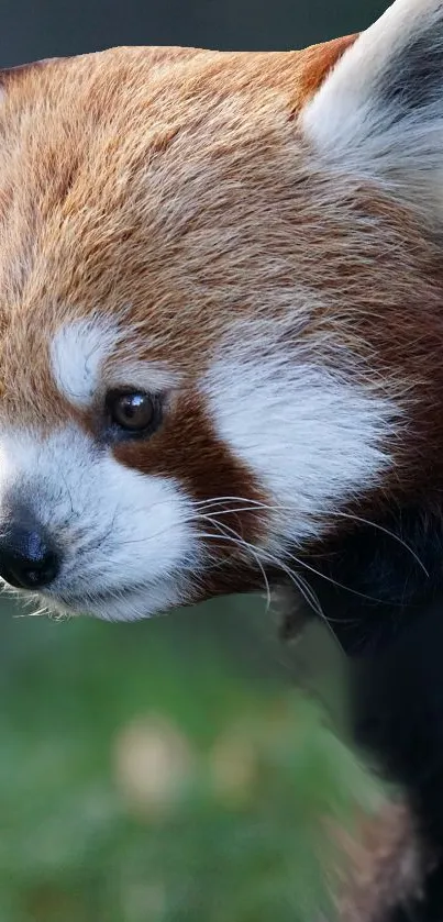 Close-up of red panda with vibrant brown fur and white markings.