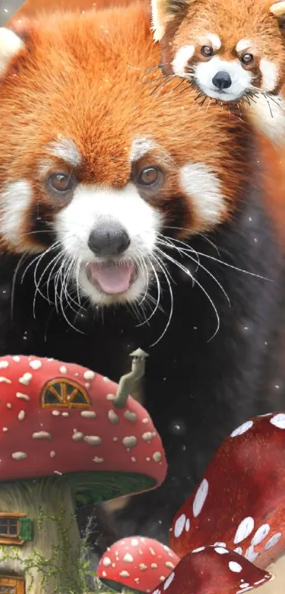Red panda with fantasy mushrooms wallpaper