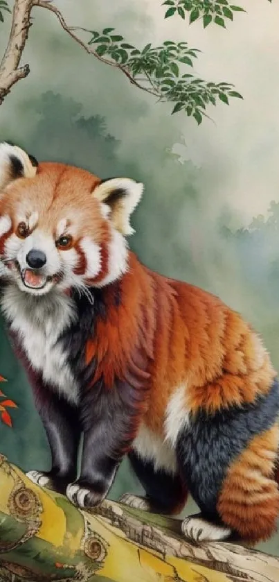 Artistic red panda on a forest background.