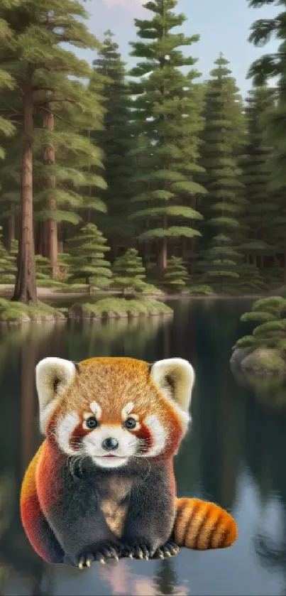 Red panda by a serene forest lake with lush trees.