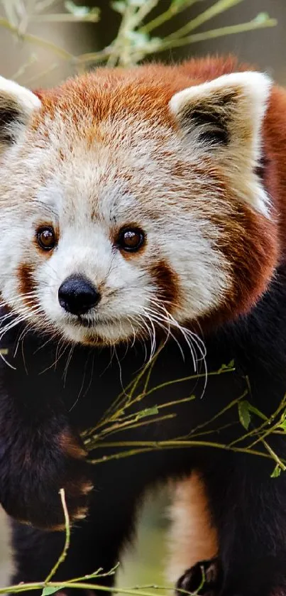 Close-up of a red panda in a forest setting with tree and foliage.