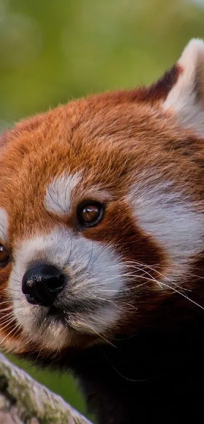 Red panda perched on a tree in a tranquil forest setting.