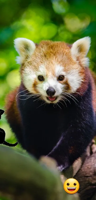 Red panda on a tree branch with forest background.