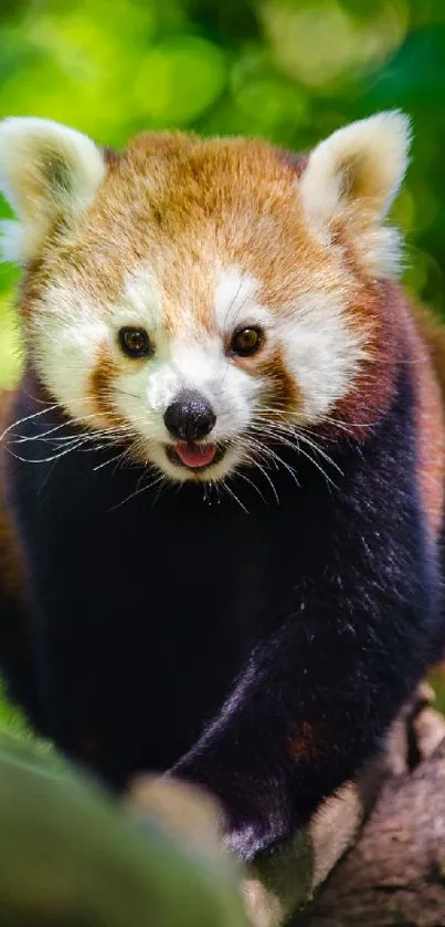 Vibrant red panda in lush green forest.