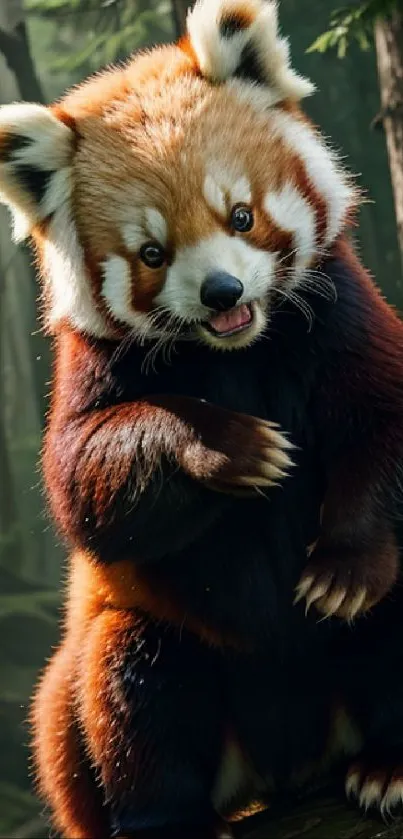 Adorable red panda in a lush forest setting.