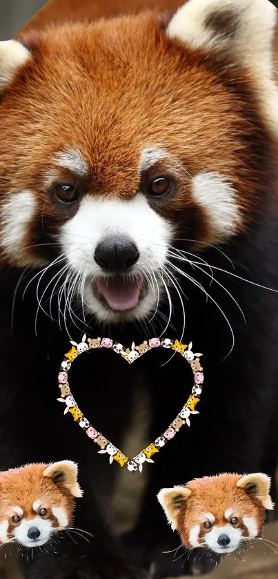 Adorable red panda with heart frame wallpaper.