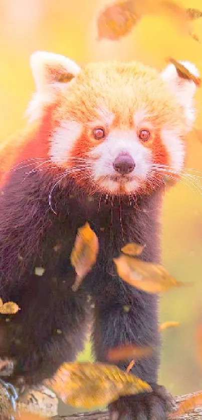 A red panda surrounded by falling autumn leaves on a tree branch.