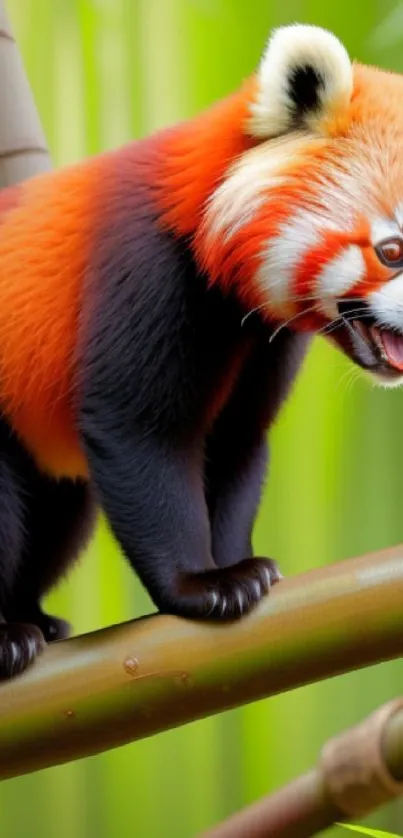 Red panda perched on bamboo in a lush green forest wallpaper.