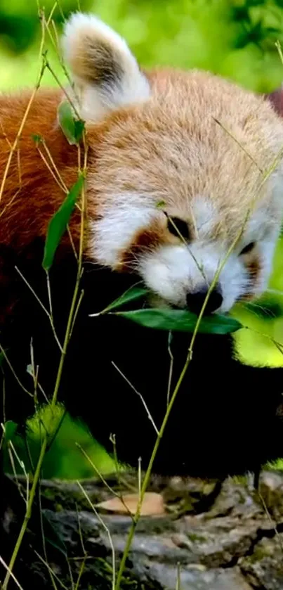 Red panda eating leaves in green forest.