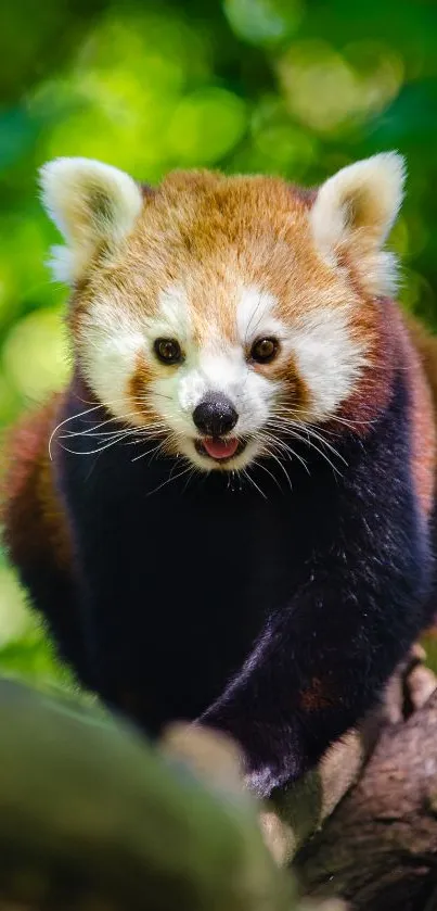 Red panda climbing on a tree branch in a green forest.