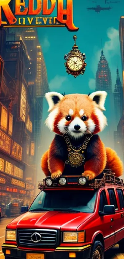 Red panda on a red car in a neon cityscape with vibrant colors.