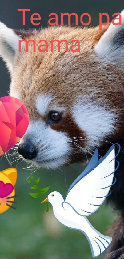 Cute red panda with love emojis and text on a nature backdrop.