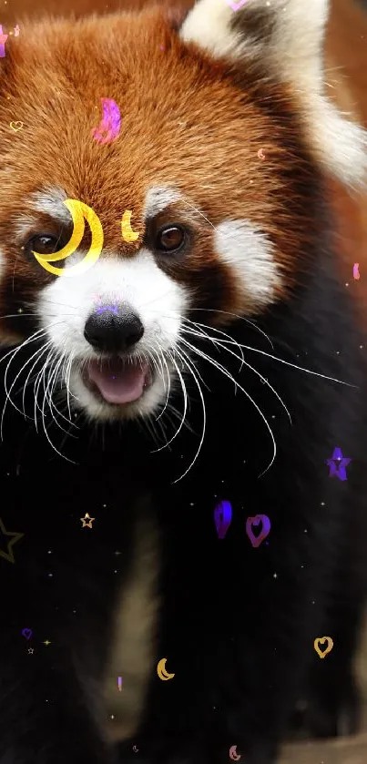 A cute red panda with celestial magic symbols and brown fur.