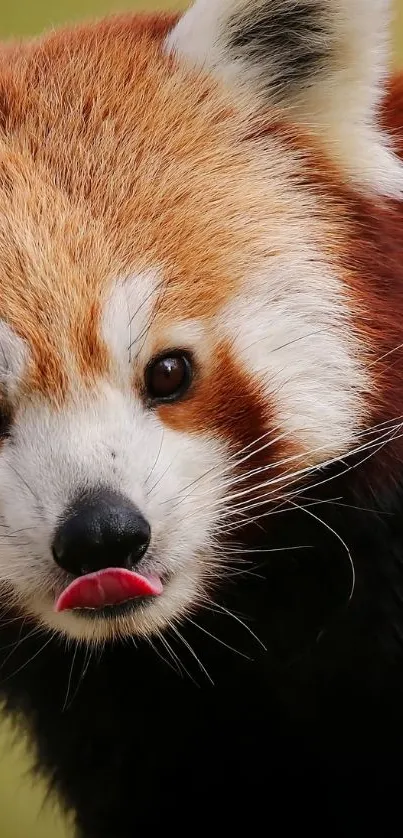 A vivid red panda with a playful expression on a mobile wallpaper.