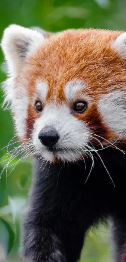 Red panda against lush green background, perfect for mobile wallpaper.