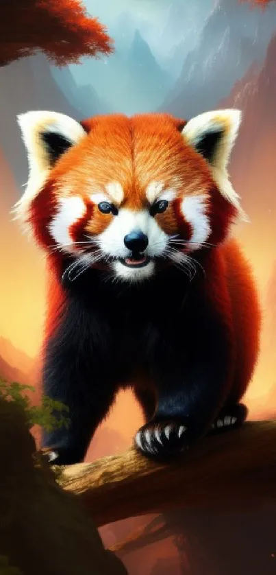 Artistic red panda in vibrant mountain setting.