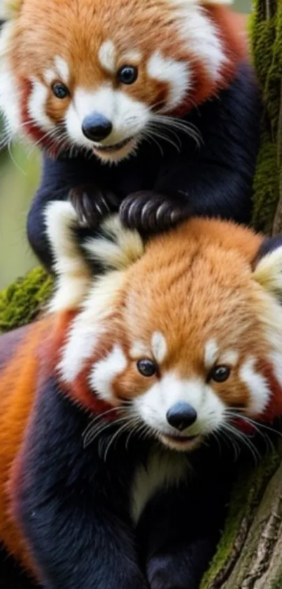 Adorable red panda pair on a tree in a vibrant forest.