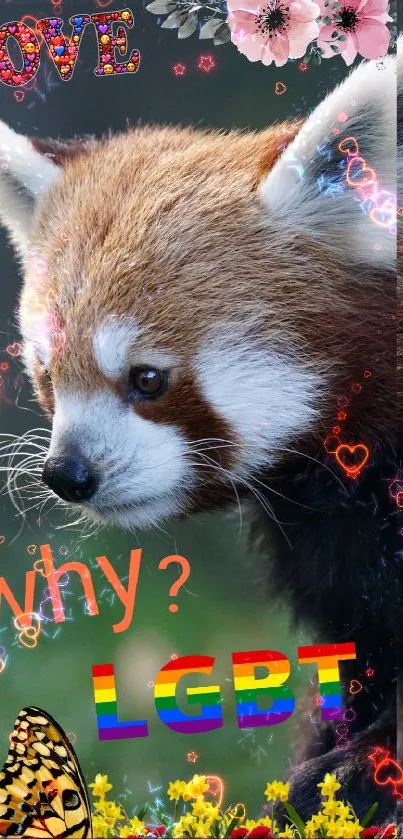 Red panda with rainbow text, flowers, and butterfly.