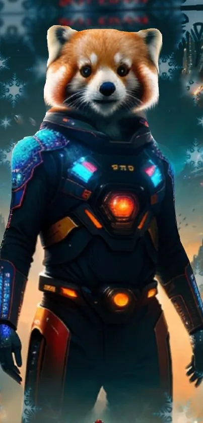 Red panda in sci-fi suit with galaxy background.